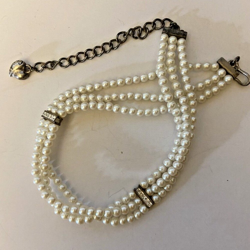 Vintage Carolee  925 3 strand Faux Pearl Rhinestone Bars Choker Necklace